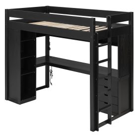 Twin Size Solid Wood Loft Bed with L-Shaped Desk and 4 Drawers
