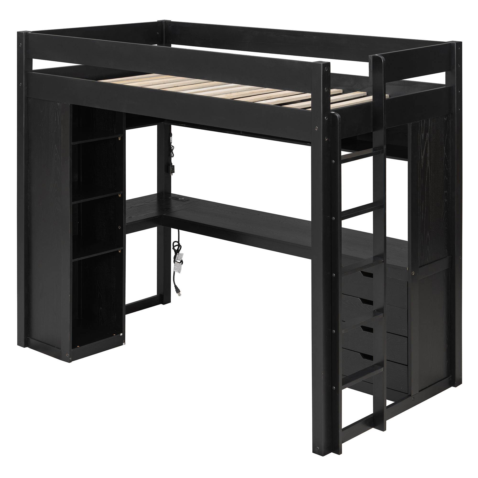 Twin Size Solid Wood Loft Bed with L-Shaped Desk and 4 Drawers