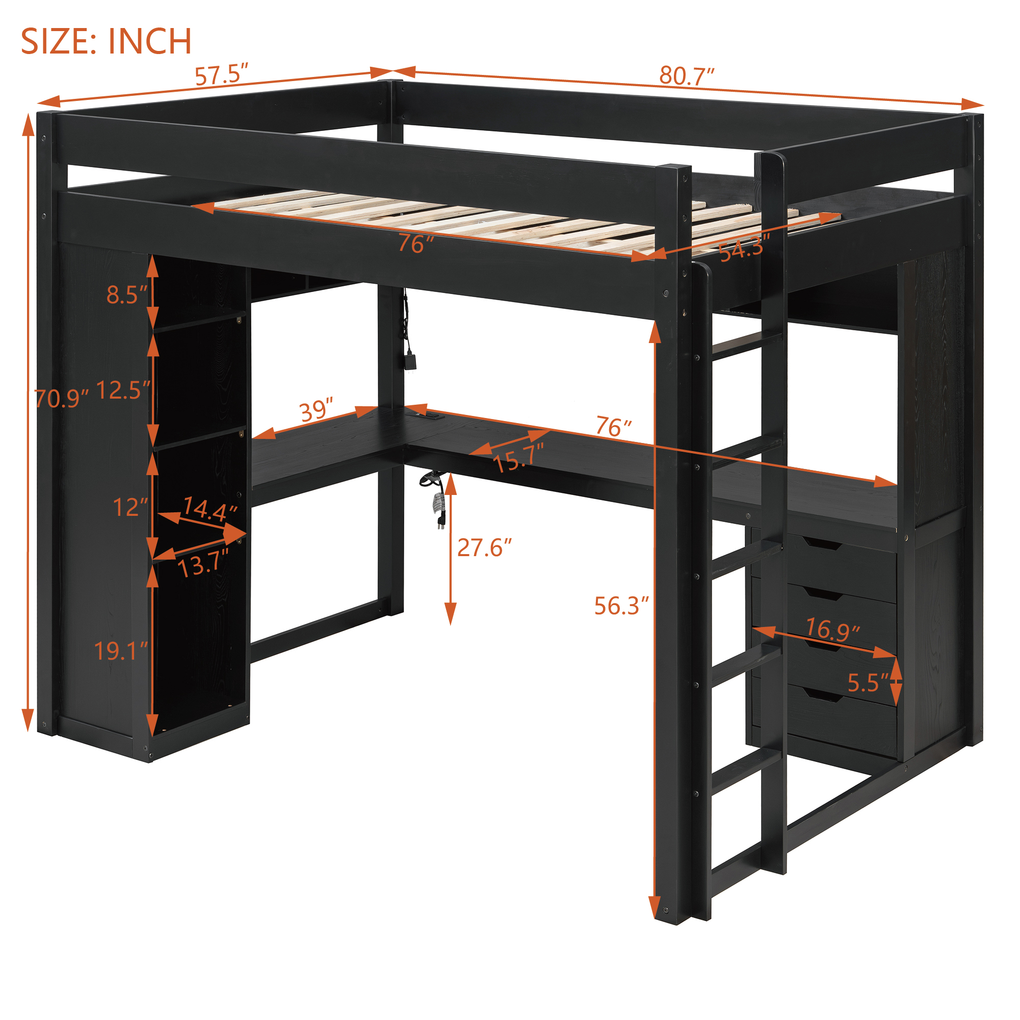 Full Size Solid Wood Loft Bed with L-Shaped Desk and 4 Drawers