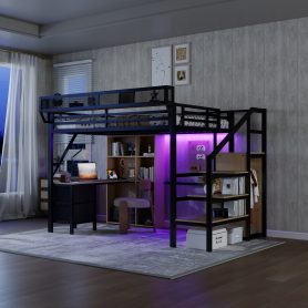 Full Size Loft Bed With Desk, Charging Station, 7 Open Storage Spaces And LED Lighting