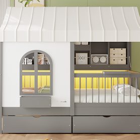 Twin Size House Bed with 2 Large Drawers, Side Bookshelf with LED Strip