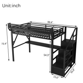 Metal Full Size Loft Bed With Desk, Charging Station, Stairs And Light