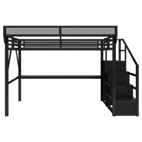Metal Full Size Loft Bed With Desk, Charging Station, Stairs And Light