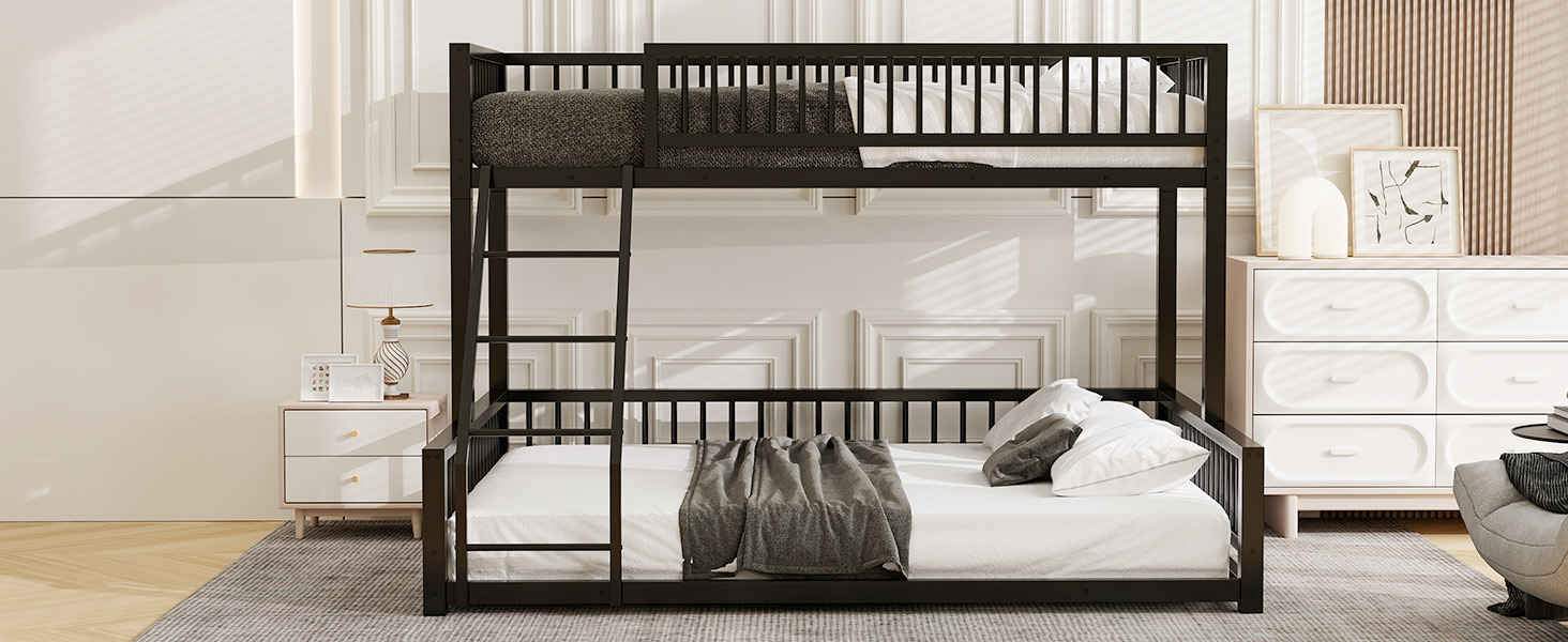 Twin XL over Queen Floor Bunk Bed with Ladder and Safety Guardrails