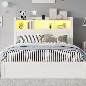 Wood Full Bed with Drawers, Headboard And Pull Out Storage Cabinet