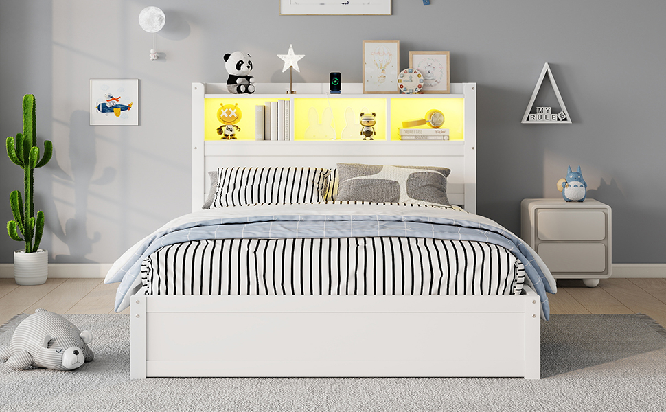 Wood Full Bed with Drawers, Headboard And Pull Out Storage Cabinet