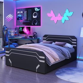 Queen Size Upholstered Gaming Bed with Side-Lift Hydraulic Storage System