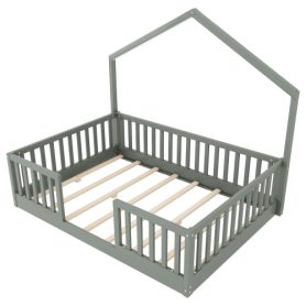 House Shape Full Floor Bed with High Rails and Light