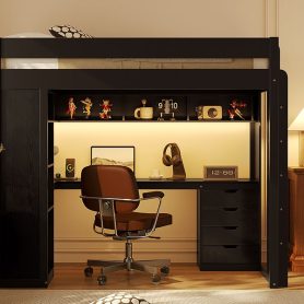 Twin Size Solid Wood Loft Bed with L-Shaped Desk and 4 Drawers