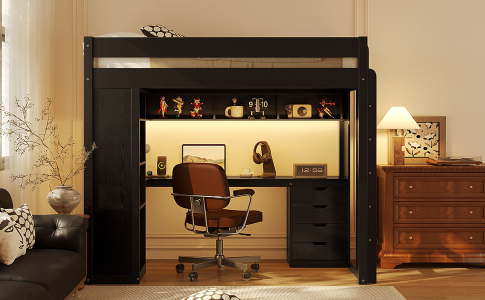 Twin Size Solid Wood Loft Bed with L-Shaped Desk and 4 Drawers