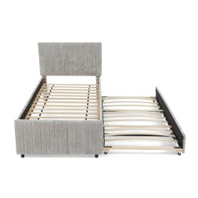 Twin Size Upholstered Bed with Vertical Channel Tufted Headboard & Nailhead Trim