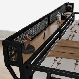 Full Size Loft Bed With Desk, Charging Station, 7 Open Storage Spaces And LED Lighting