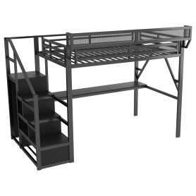 Metal Full Size Loft Bed With Desk, Charging Station, Stairs And Light