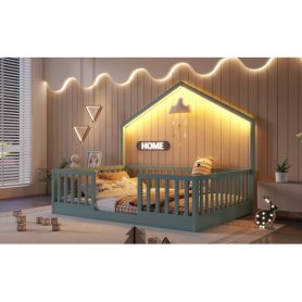 House Shape Full Floor Bed with High Rails and Light