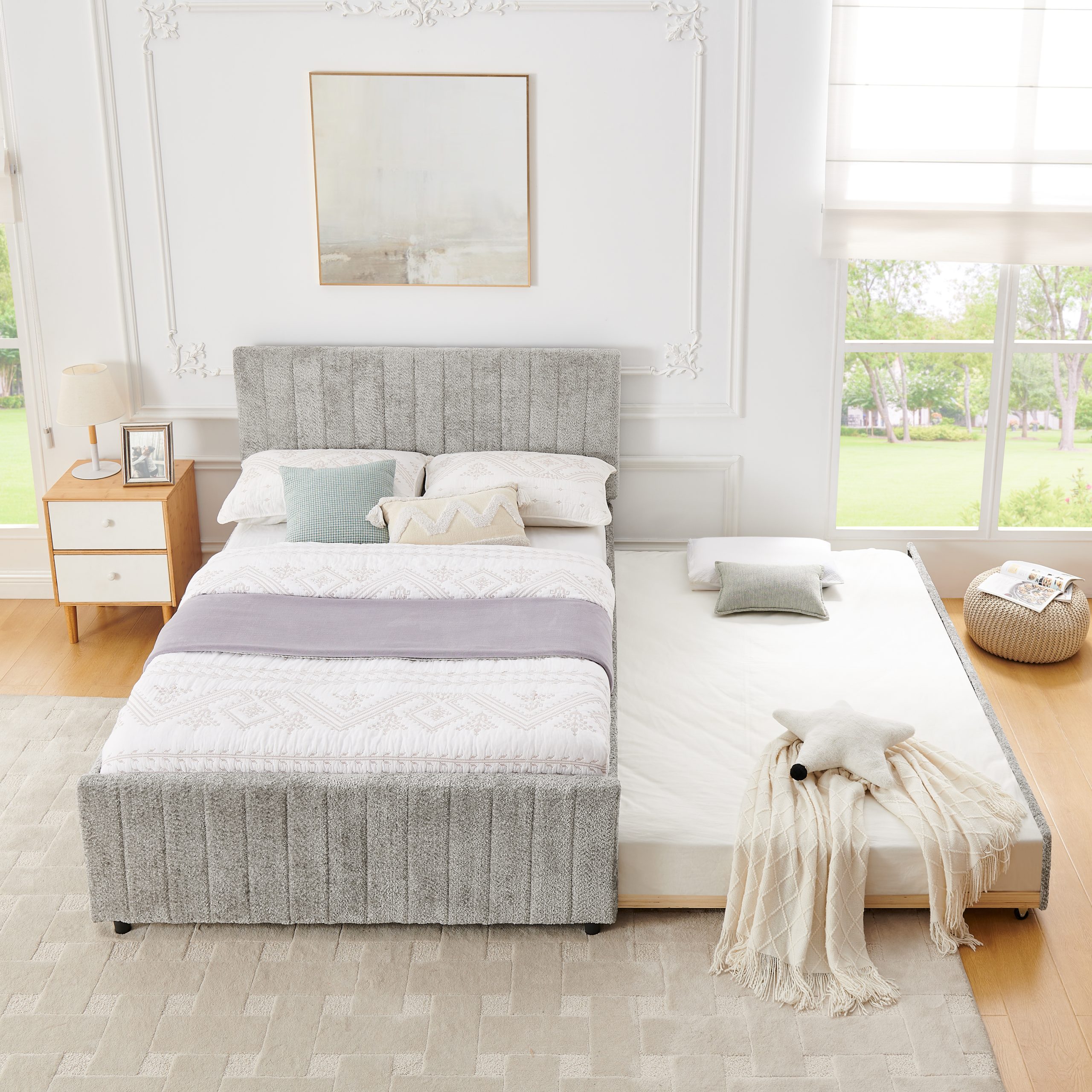 Full Size Upholstered Bed with Vertical Channel Tufted Headboard & Nailhead Trim