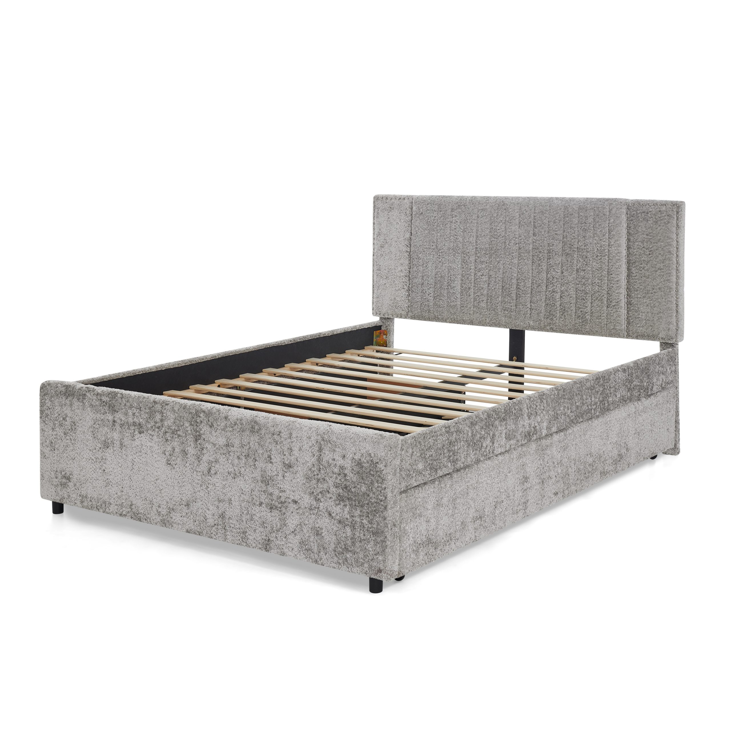 Queen Size Upholstered Bed with Vertical Channel Tufted Headboard & Nailhead Trim
