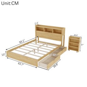 Wood Queen Bed with Drawers, Headboard And Pull Out Storage Cabinet