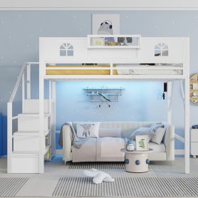Metal Queen Loft Bed With High And House Shaped Guardrails, Stairs and Wardrobe