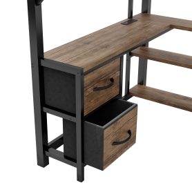 Metal Full Size Loft Bed With Desk, Light, Storage Shelves, Wardrobe And Drawers