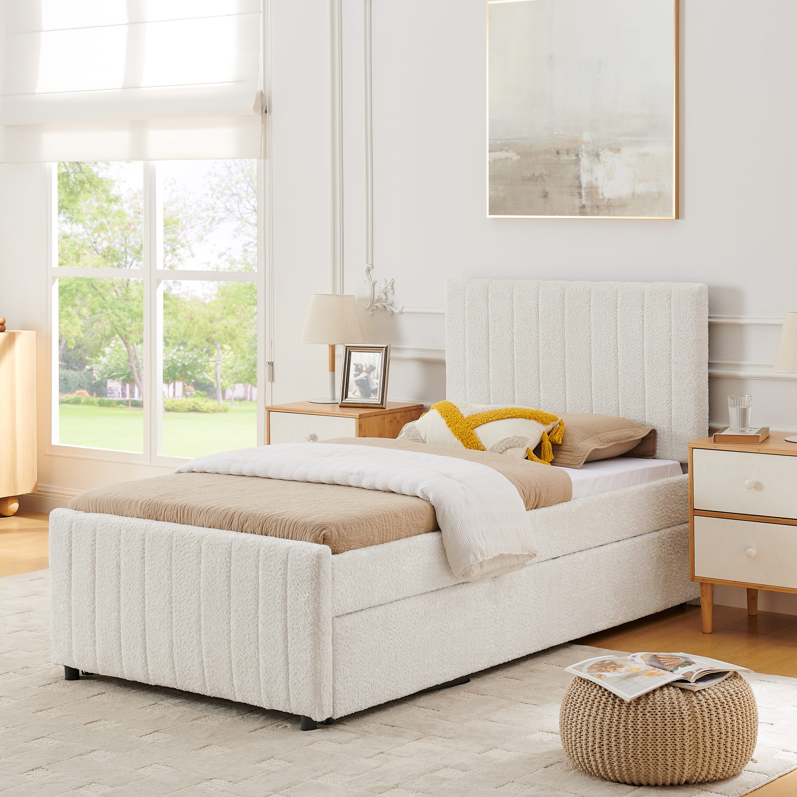 Twin Size Upholstered Bed with Vertical Channel Tufted Headboard & Nailhead Trim