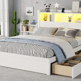 Wood Full Bed with Drawers, Headboard And Pull Out Storage Cabinet