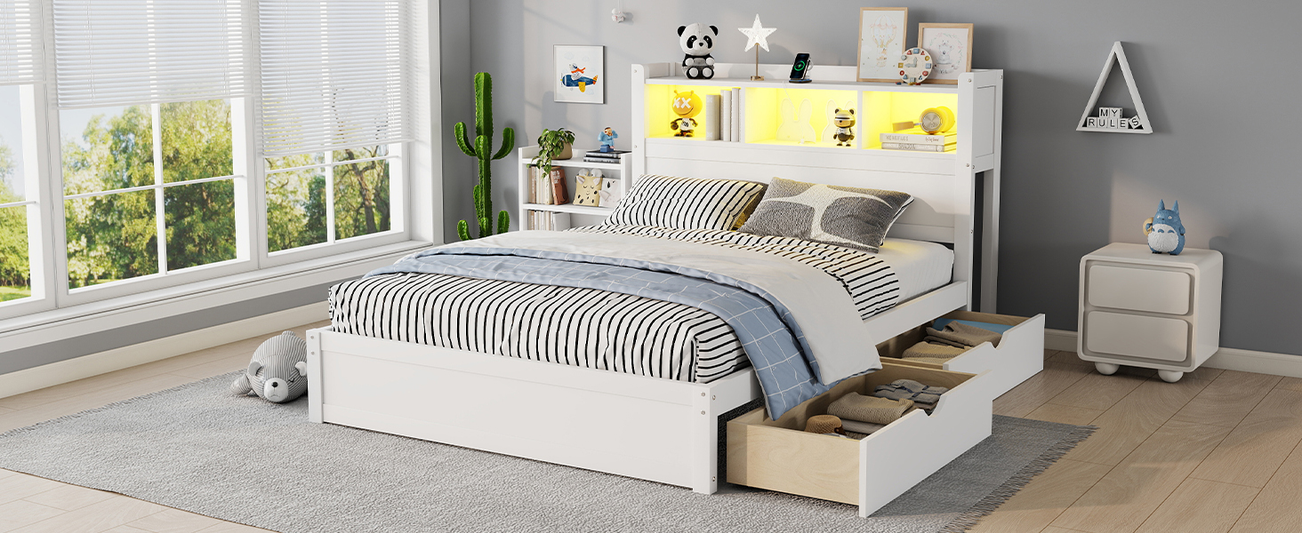 Wood Full Bed with Drawers, Headboard And Pull Out Storage Cabinet