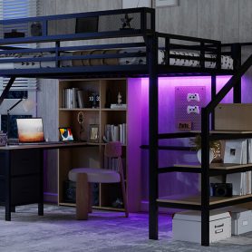 Full Size Loft Bed With Desk, Charging Station, 7 Open Storage Spaces And LED Lighting