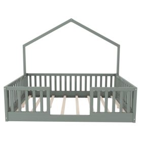 House Shape Full Floor Bed with High Rails and Light