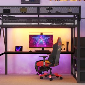Metal Full Size Loft Bed With Desk, Charging Station, Stairs And Light