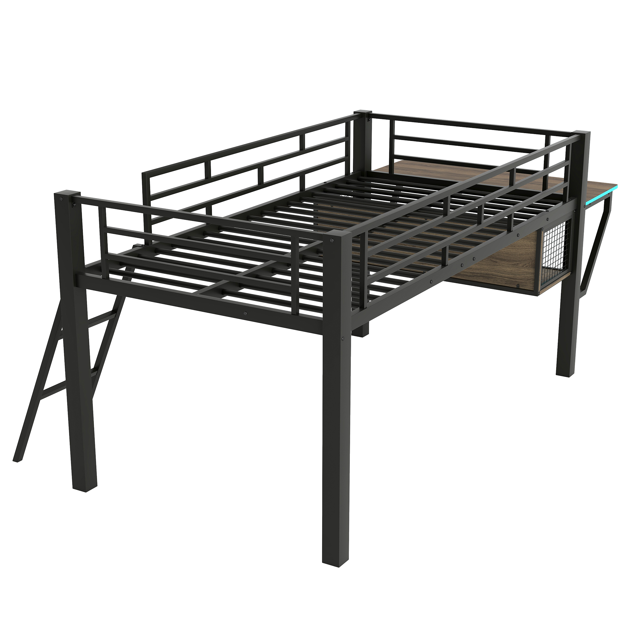 Twin Gaming Mid Loft Bed With Desk and LED Light