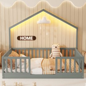 House Shape Full Floor Bed with High Rails and Light