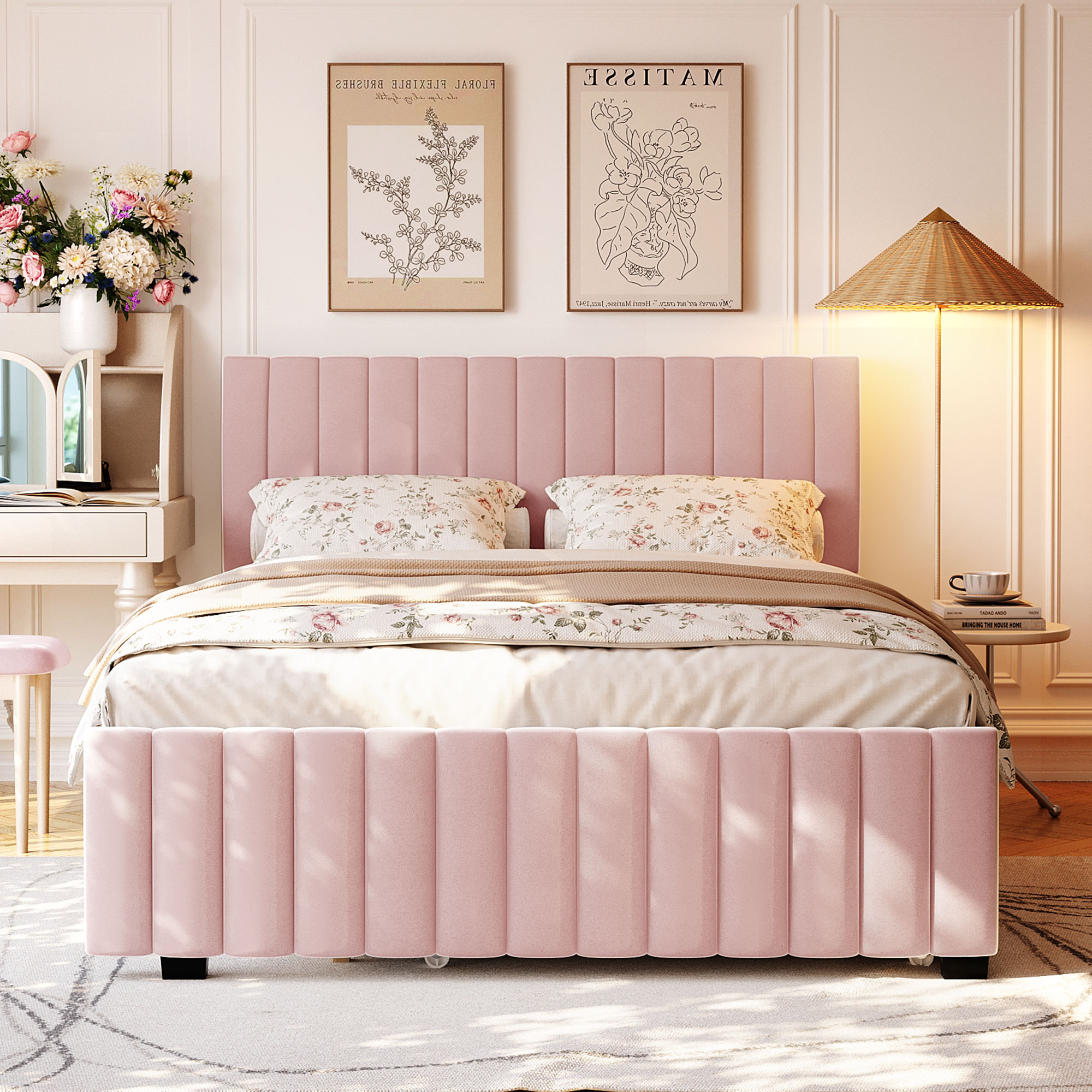 Queen Size Velvet Upholstered Platform Bed with Twin XL Size Trundle