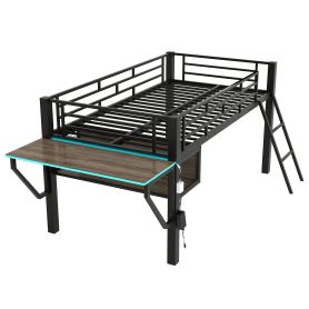 Twin Gaming Mid Loft Bed With Desk and LED Light