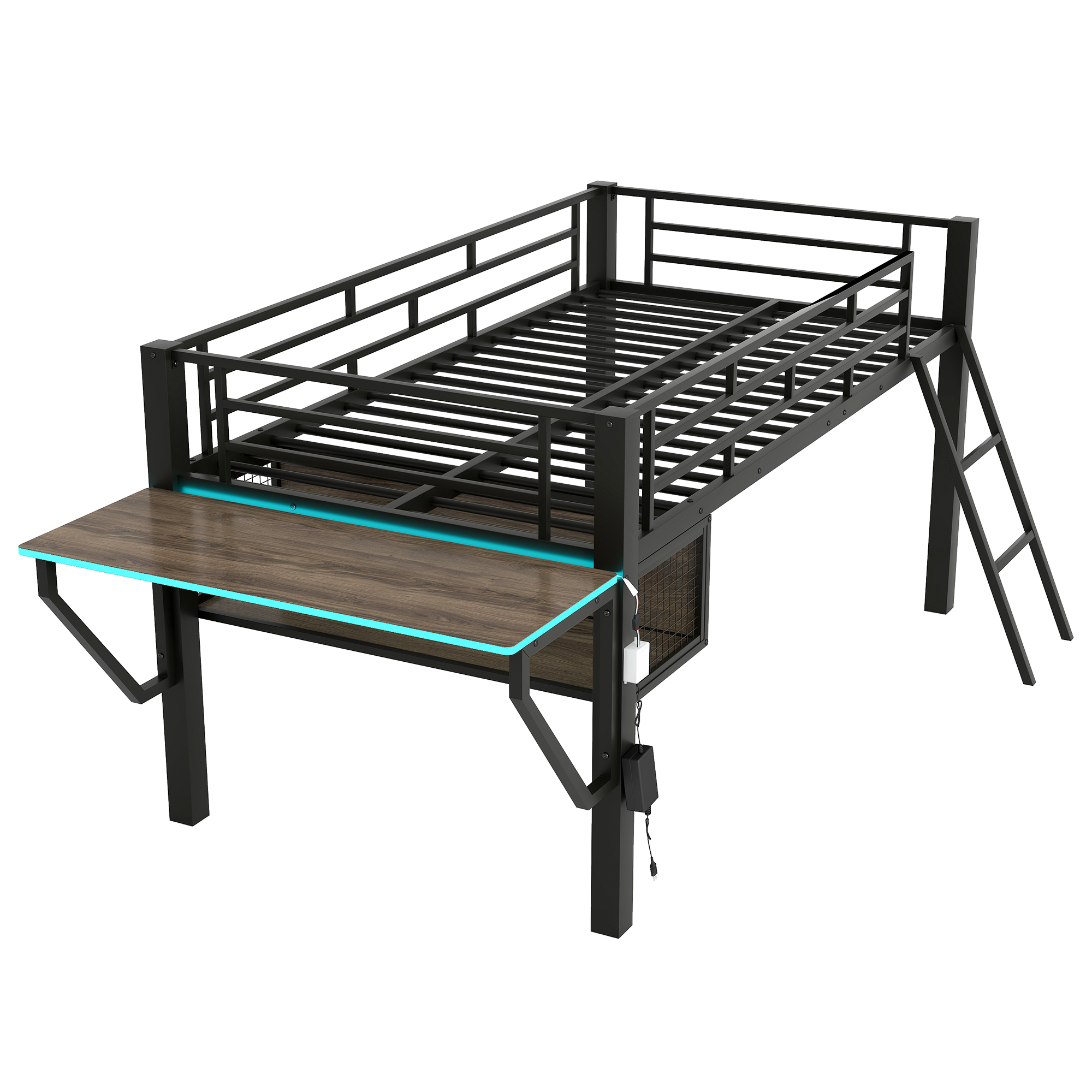 Twin Gaming Mid Loft Bed With Desk and LED Light