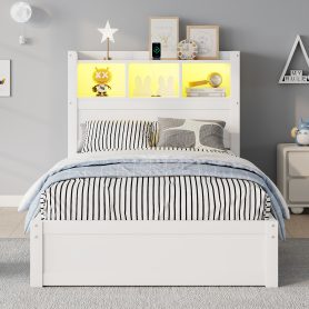 Wood Twin Bed with Drawers, Headboard And Pull Out Storage Cabinet