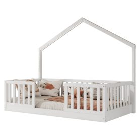 House Shape Twin Floor Bed with High Rails and Light