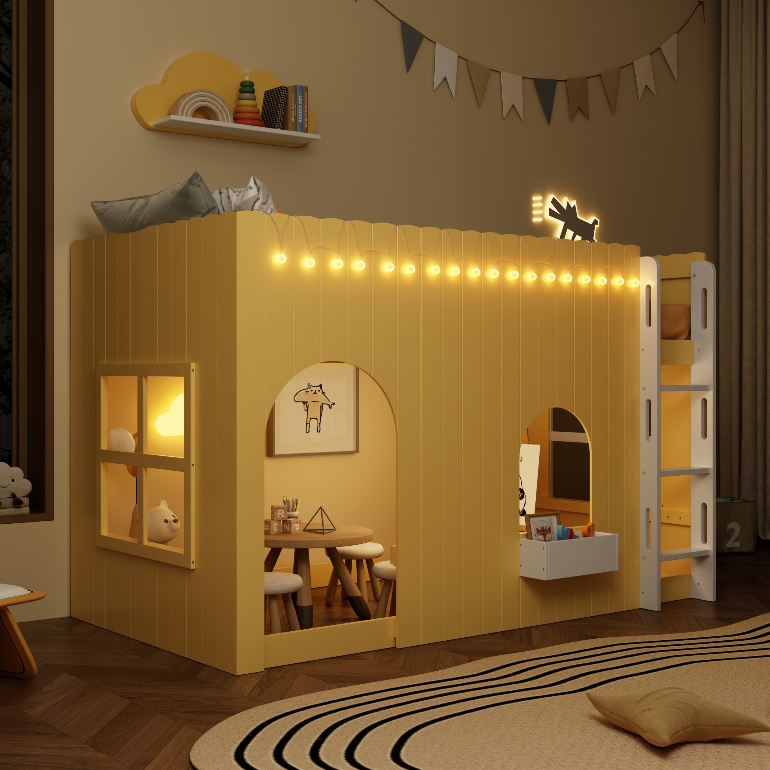 Twin Size Kids Loft Bed With Warm Led Light String 4 Twin Size Kids Loft Bed With Warm Led Light String