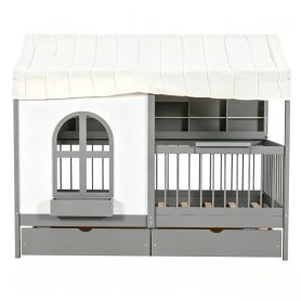 Twin Size House Bed with 2 Large Drawers, Side Bookshelf with LED Strip