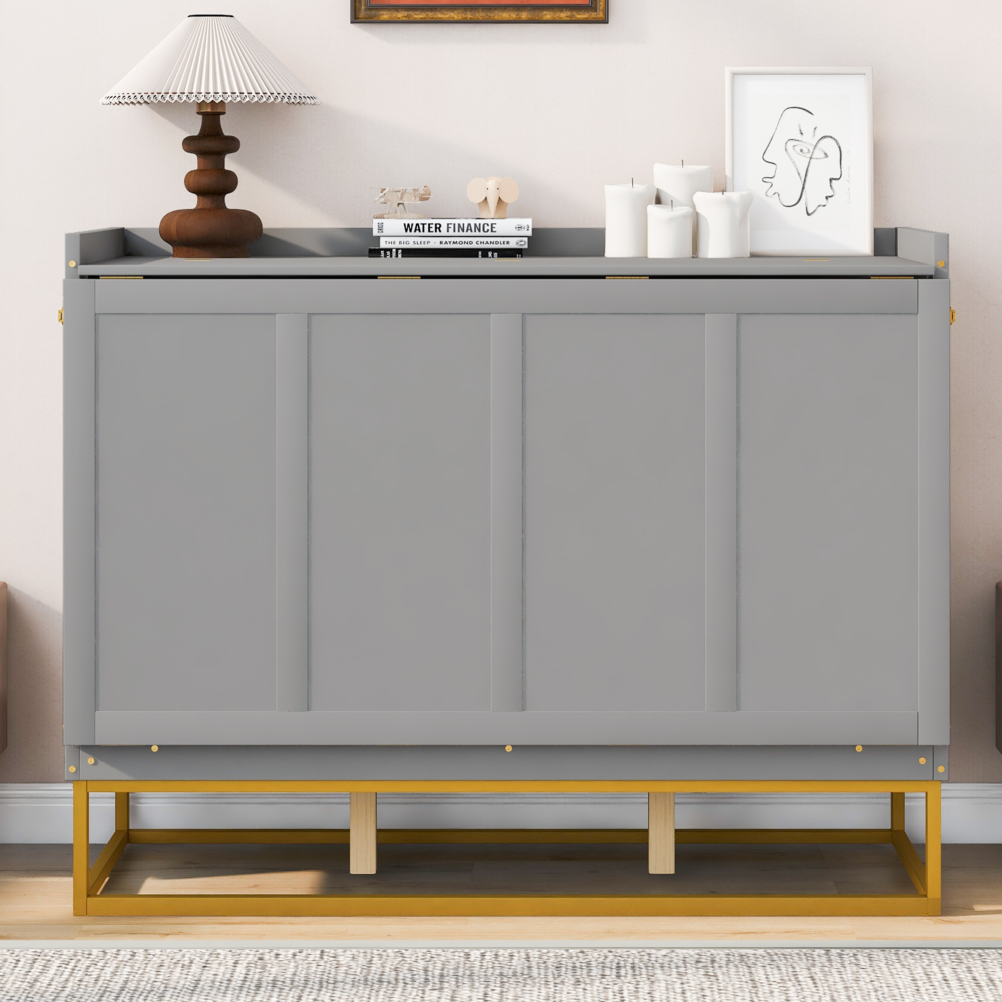 Queen Size Murphy Bed With Iron Legs, Modern Design