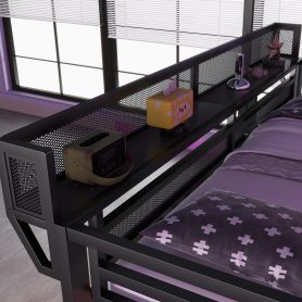 Metal Full Size Loft Bed With Desk, Charging Station, Stairs And Light