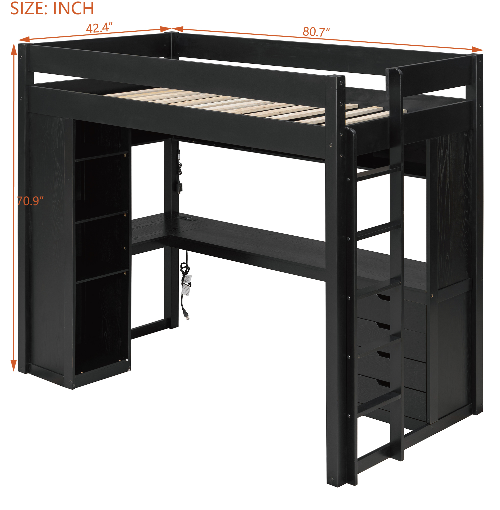 Twin Size Solid Wood Loft Bed with L-Shaped Desk and 4 Drawers