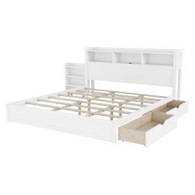 Wood King Bed with Drawers, Headboard And Pull Out Storage Cabinet