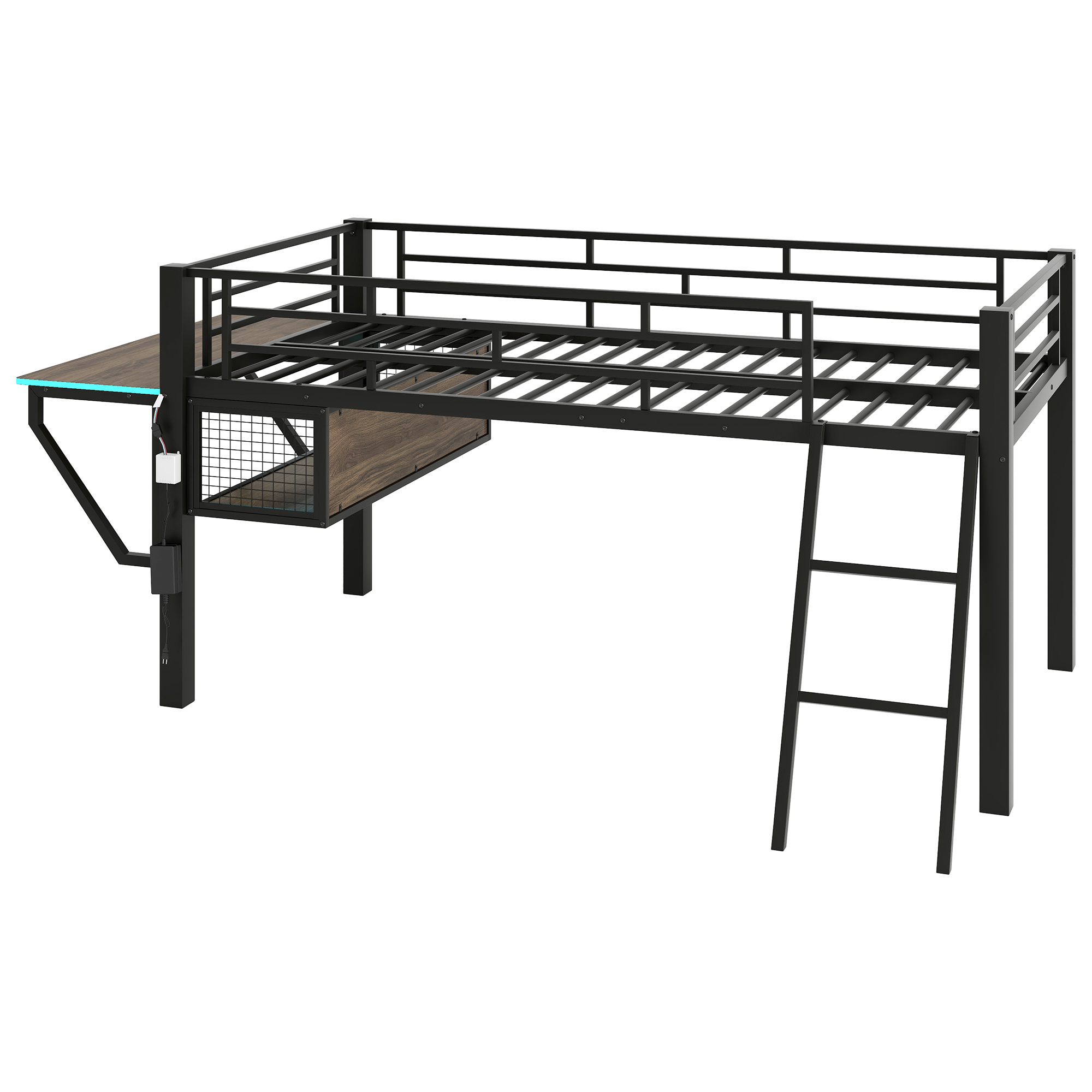 Twin Gaming Mid Loft Bed With Desk and LED Light