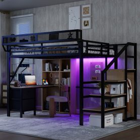 Full Size Loft Bed With Desk, Charging Station, 7 Open Storage Spaces And LED Lighting