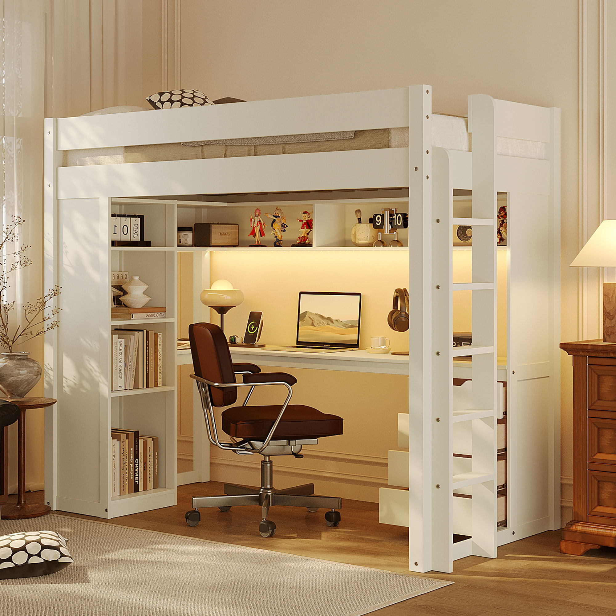 Twin Size Solid Wood Loft Bed with L-Shaped Desk and 4 Drawers