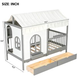 Twin Size House Bed with 2 Large Drawers, Side Bookshelf with LED Strip