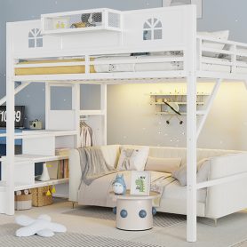 Metal Queen Loft Bed With High And House Shaped Guardrails, Stairs and Wardrobe