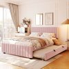 Queen Size Velvet Upholstered Platform Bed with Twin XL Size Trundle