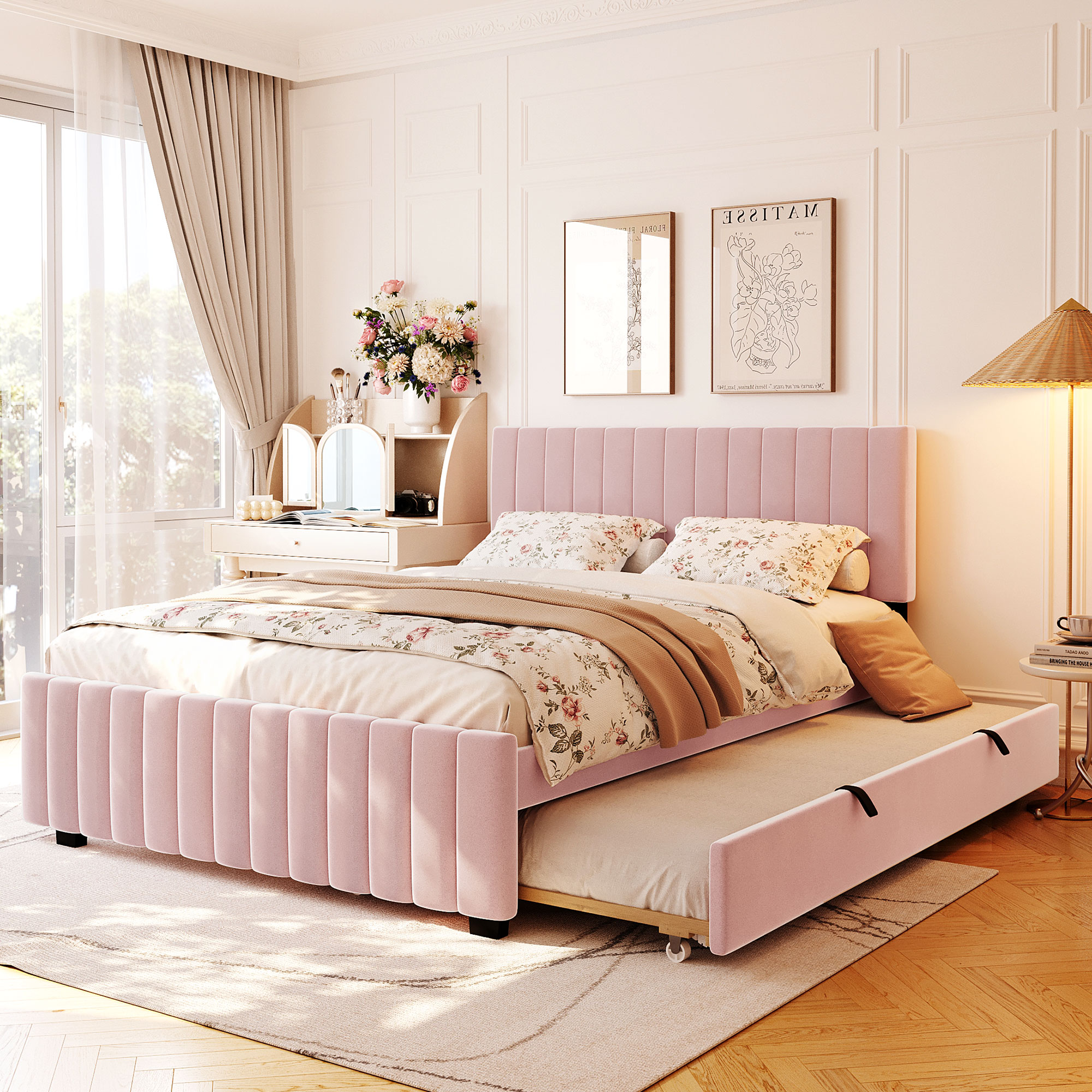 Queen Size Velvet Upholstered Platform Bed with Twin XL Size Trundle