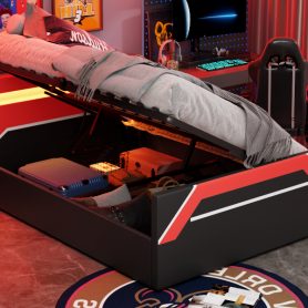 Queen Size Gaming Bed with Built-in 7-Color LED Lighting Headboard